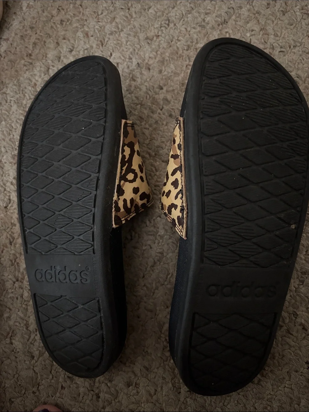 adidas Leopard-Print Slide Sandals in Black and Tan